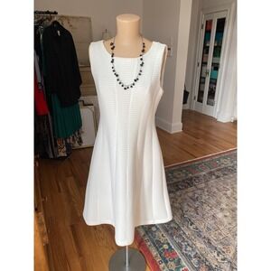 Calvin Klein Women White Sleeveless Dress Textured Square Neck Knee Length